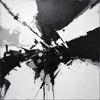 The primary subject of the image is a black and white painting featuring a large, abstract design. The setting is a white background, which contrasts with the painting. The visual style is a mix of digital art and illustration, creating a unique and intriguing piece of art. The dominant colors are black and white, giving the painting a bold and striking appearance. The overall atmosphere is one of creativity and artistic expression.
